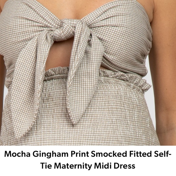 Pinkblush Mocha Gingham Print Smocked Fitted Self-Tie Maternity Midi Dress Small - Picture 5 of 13